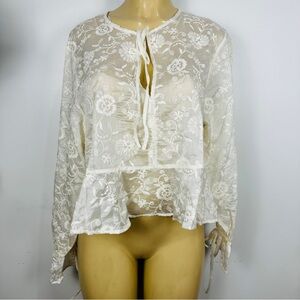 MNG Embroidered Blouse Sz 8 Popover Floral White Shirt Top Peplum Mango